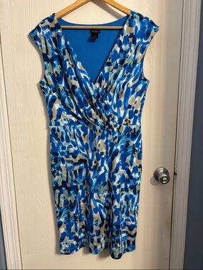 Ann Taylor Blue and Tan Abstract Faux-Wrap Midi Dress